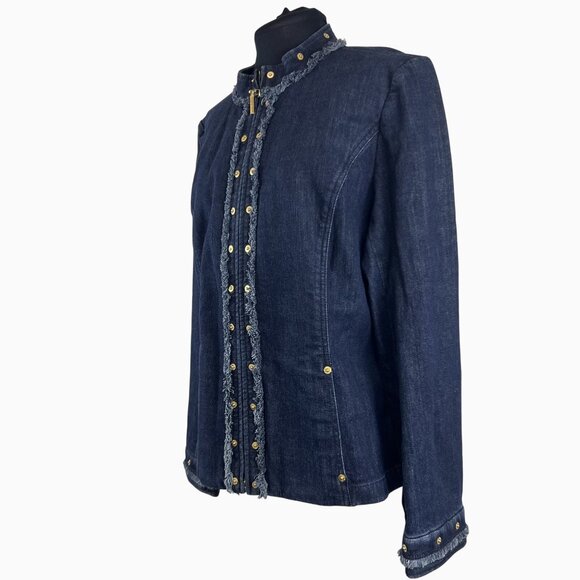 VTG St John Sport Classic Chic Preppy Denim Jacket Frayed Trim & Gold Details L - Picture 10 of 16